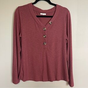 Maurices Ribbed Long Sleeve Henley Shirt Size Large Dark Red Big Button Y2K Top